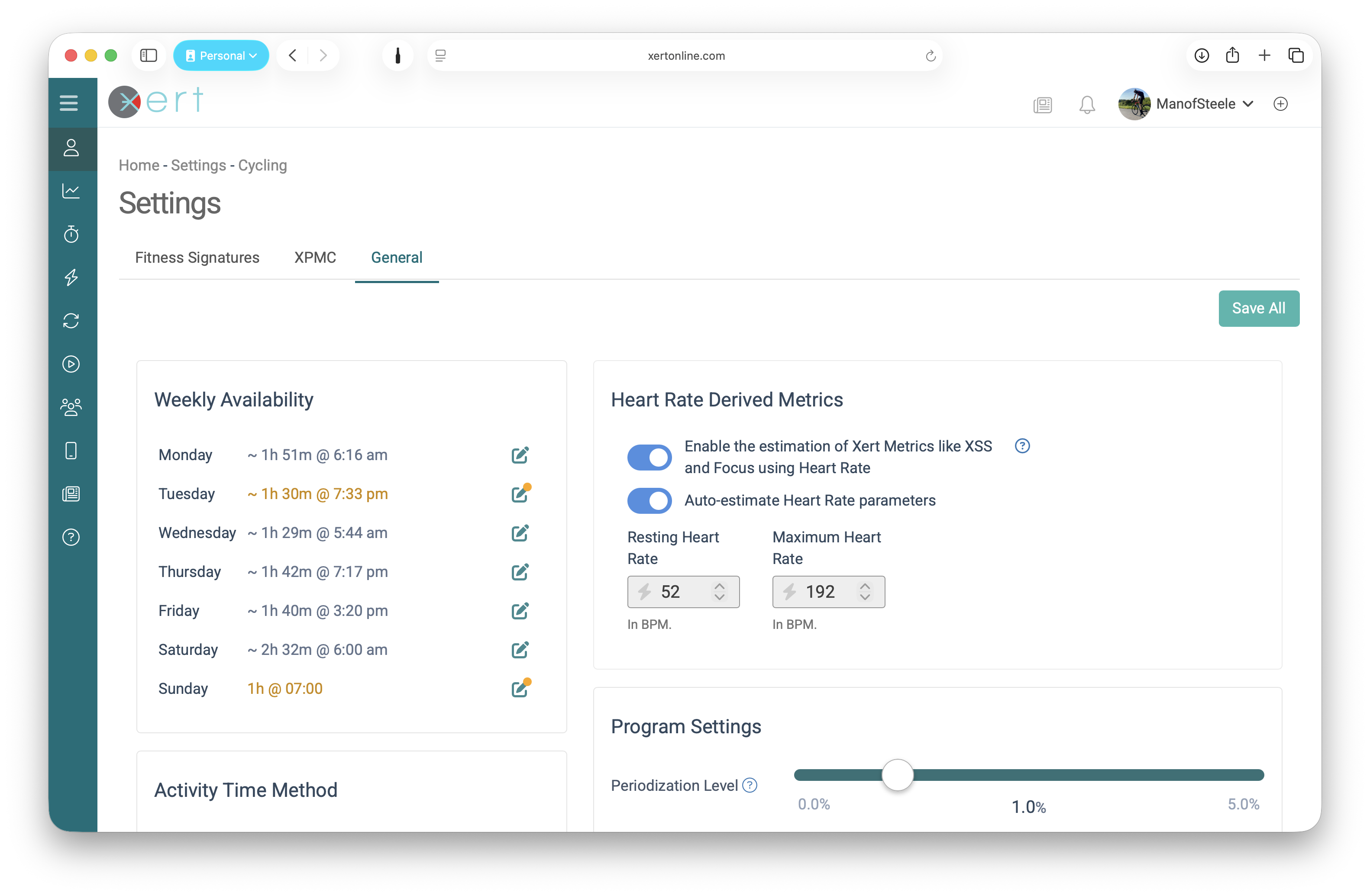 Weekly Availability in Profile Settings > General